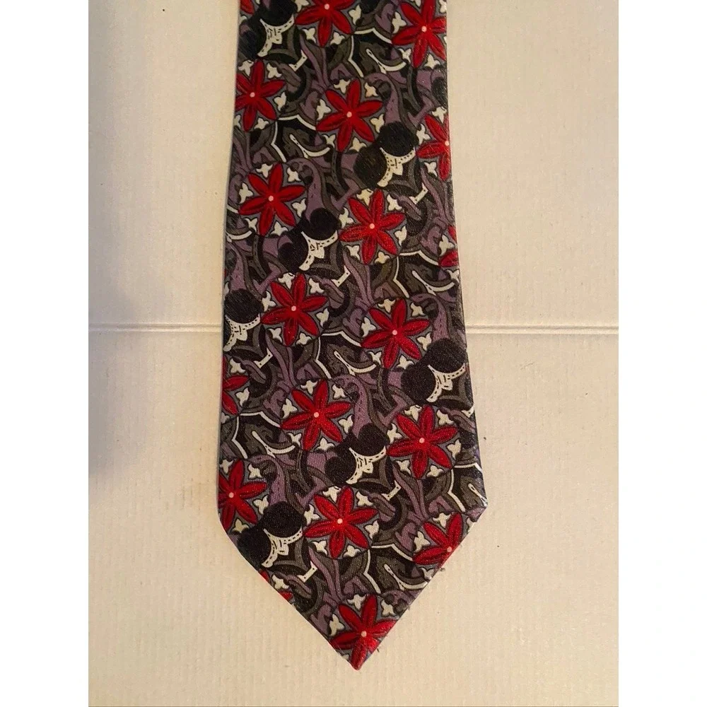 Gold City Handmade Silk Tie Red Grey Floral Geometric Abstract Pattern Necktie